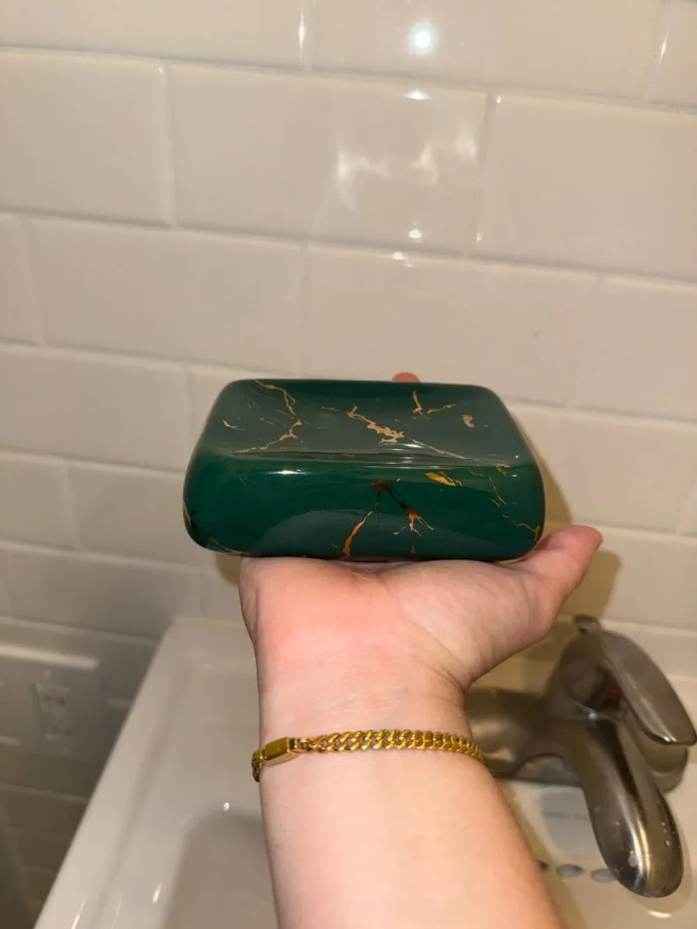 Elegant Emerald Green & Gold Marble Ceramic Soap Dish